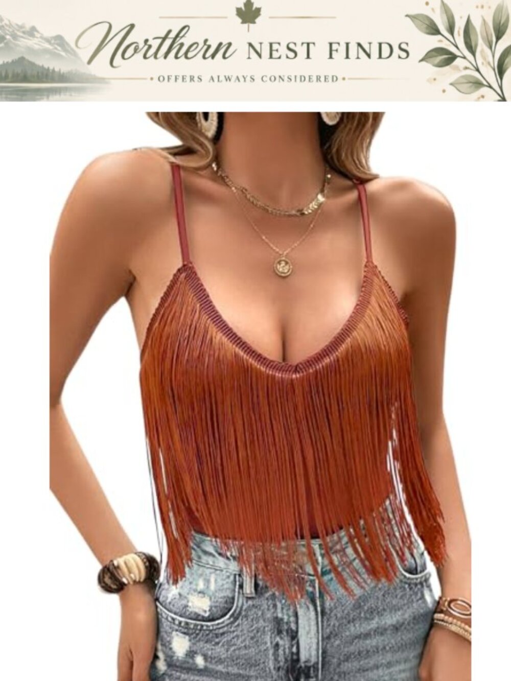 Women Fringe Tank Top Sleeveless V-Neck Adjustable Spaghetti Strap Western
